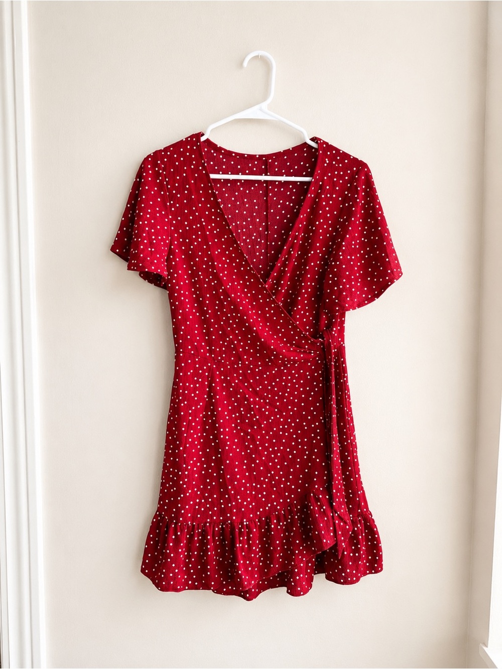 Red Polka Dot Wrap Mini Dress
